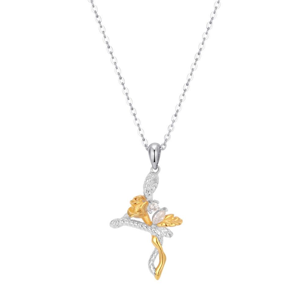 999 Rose and Snake Cross Necklace 18k Gold-Plated