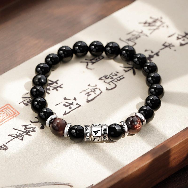 Men's 925 Silver Om Mani Padme Hum Obsidian Bracelet