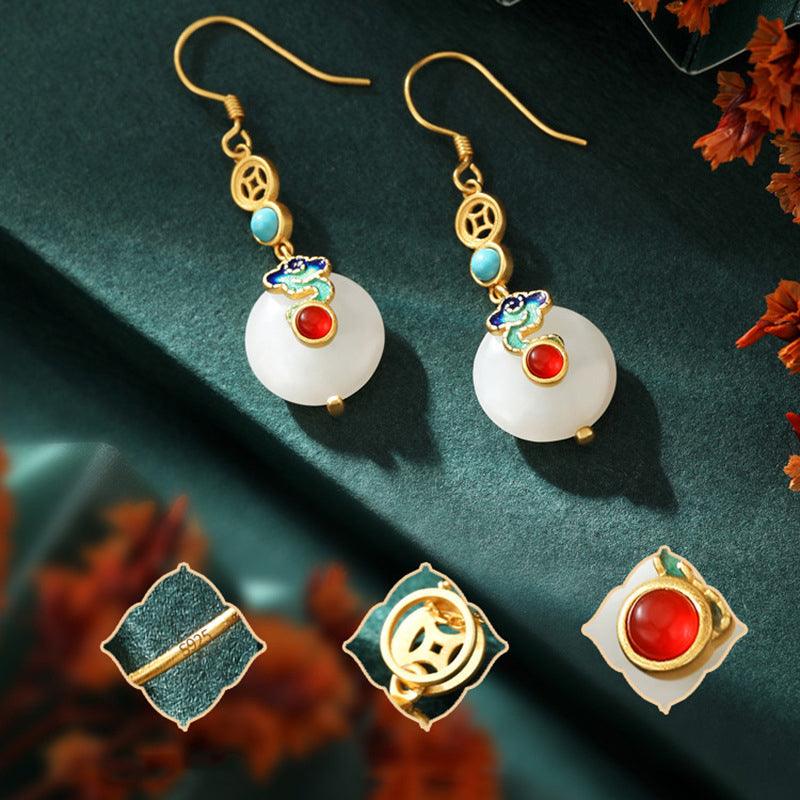 Hetian Jade Earrings for Women with Silver Long-Style Retro Jade Ruyi and Red Stone Design