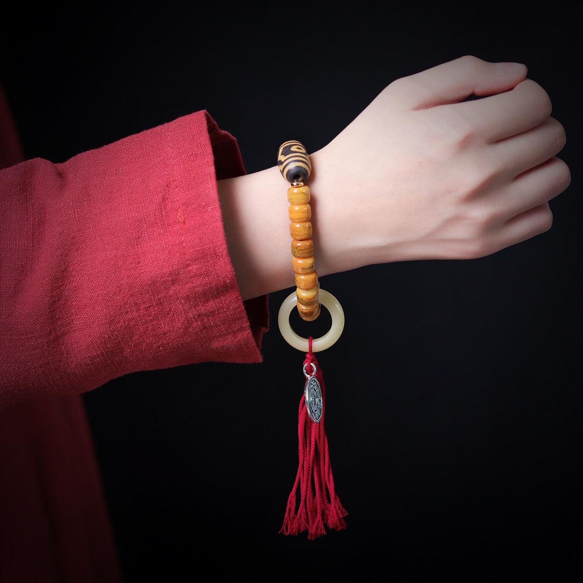 Tibetan-style Buddhist Cow Bone Dzi Bead and Bone Ring Wish Bracelet