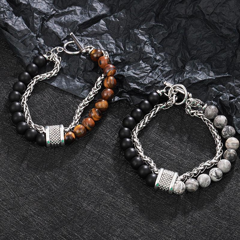 925 Sterling Silver Fortune Bead Obsidian Tiger Eye Bracelet for Men