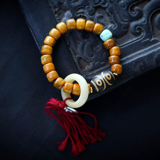 Tibetan-style Buddhist Cow Bone Dzi Bead and Bone Ring Wish Bracelet