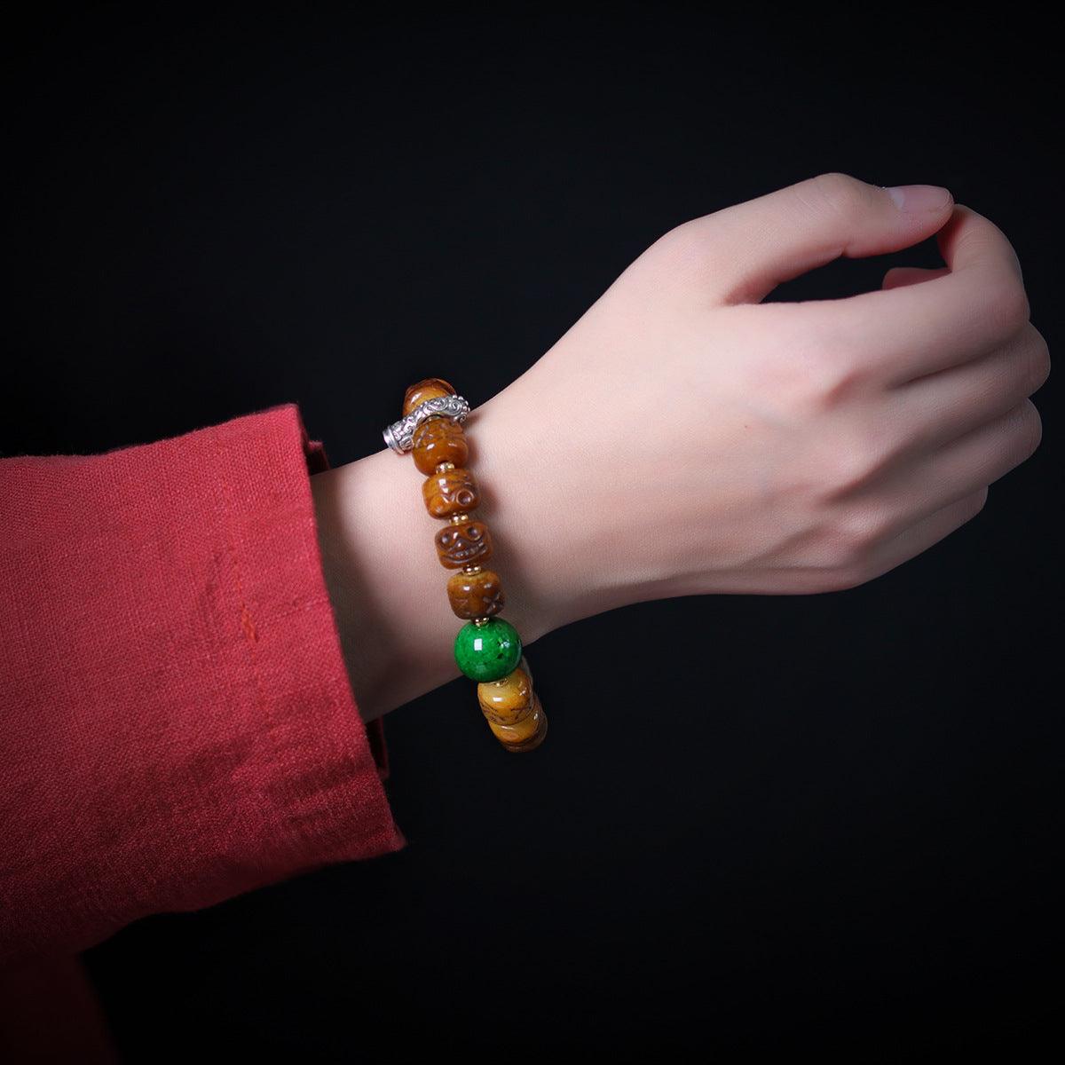 Tibetan-style Buddhist Cow Bone Barrel Bead Guardian Bracelet