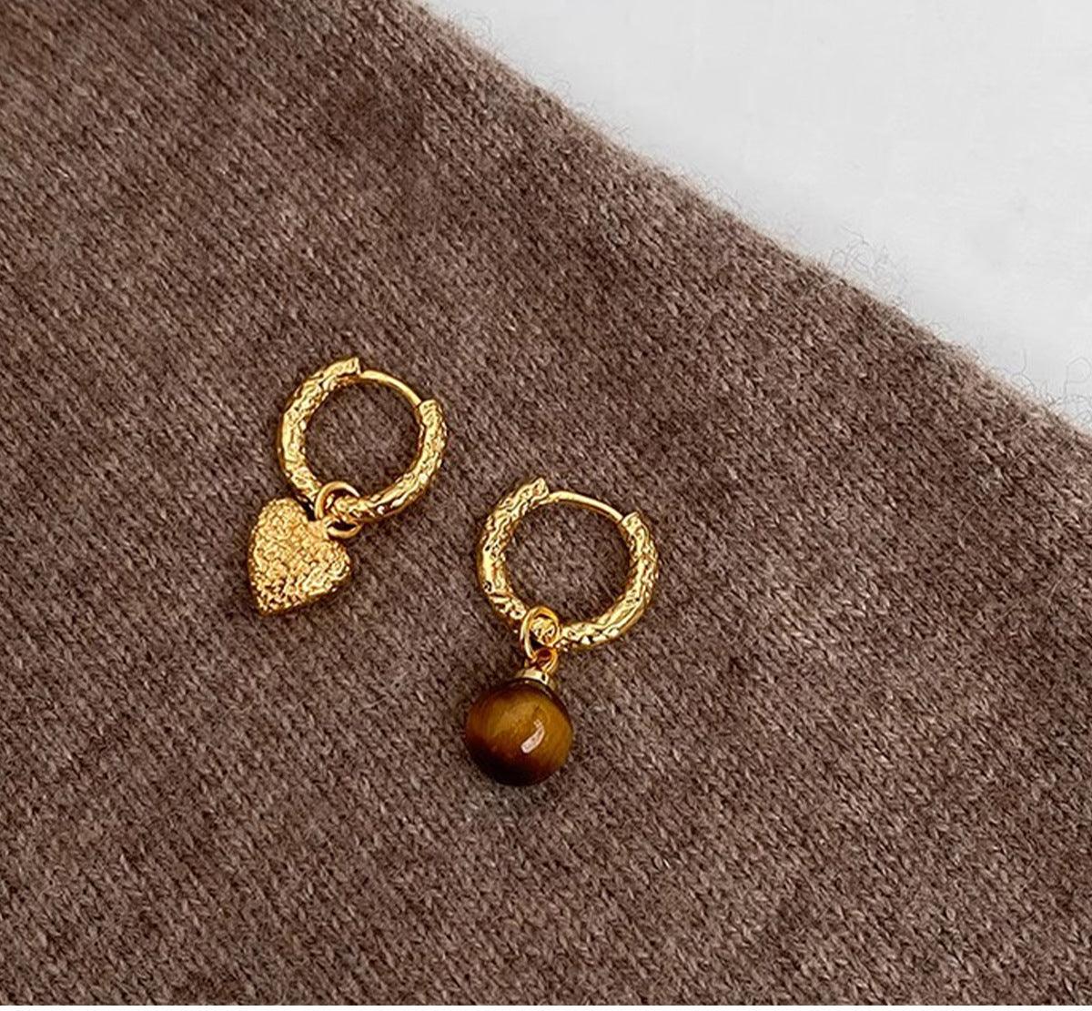 Vintage Asymmetric Heart Tiger Eye Earrings