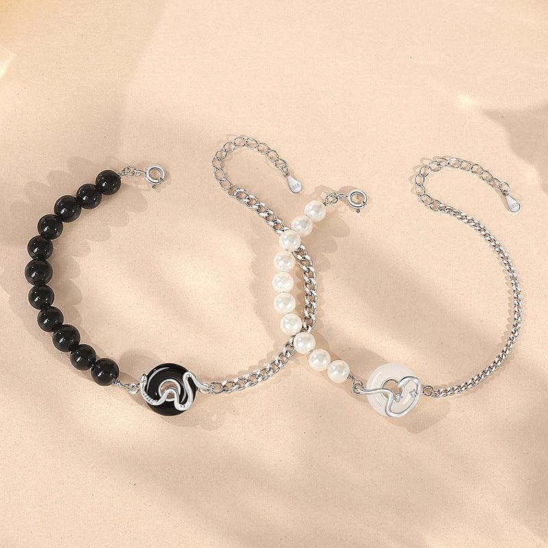 S925 Sterling Silver Snake Year Obsidian & Pearl Couple Bracelet