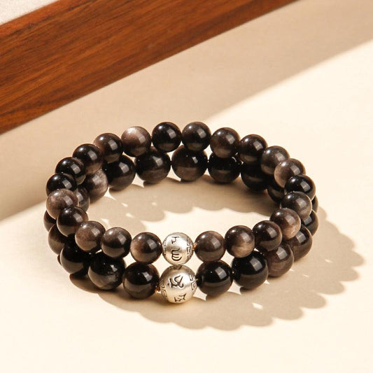 999 Silver Natural Bead Om Mani Padme Hum Obsidian Bracelet