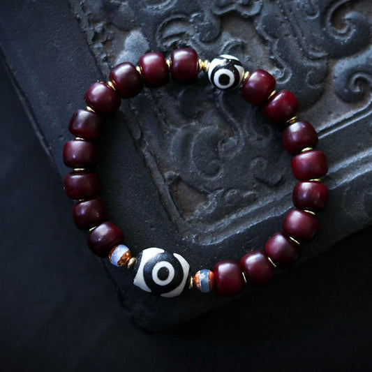 Tibetan-style Buddhist Cow Bone Dzi Bead and Bone Ring Wish Bracelet