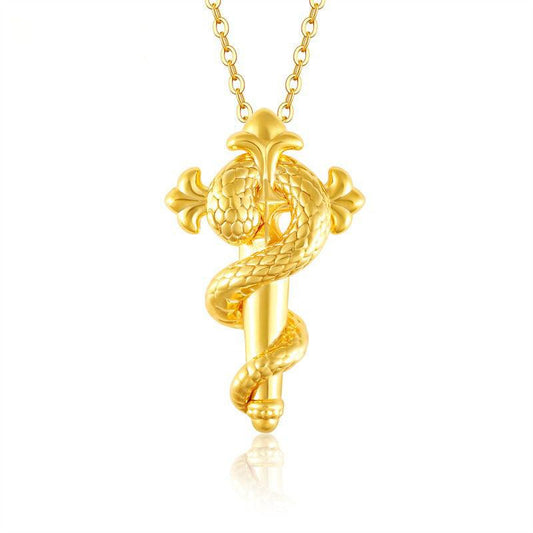 999 Solid Gold Scepter Snake Cross Pendant