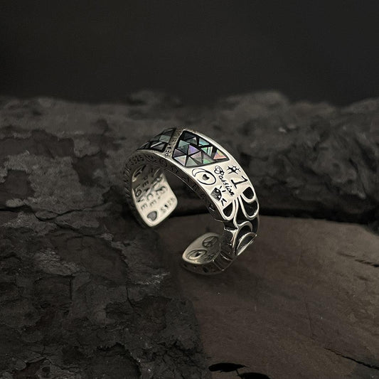 Bague de couple en argent sterling 925 avec graffiti géométrique et coquillages colorés