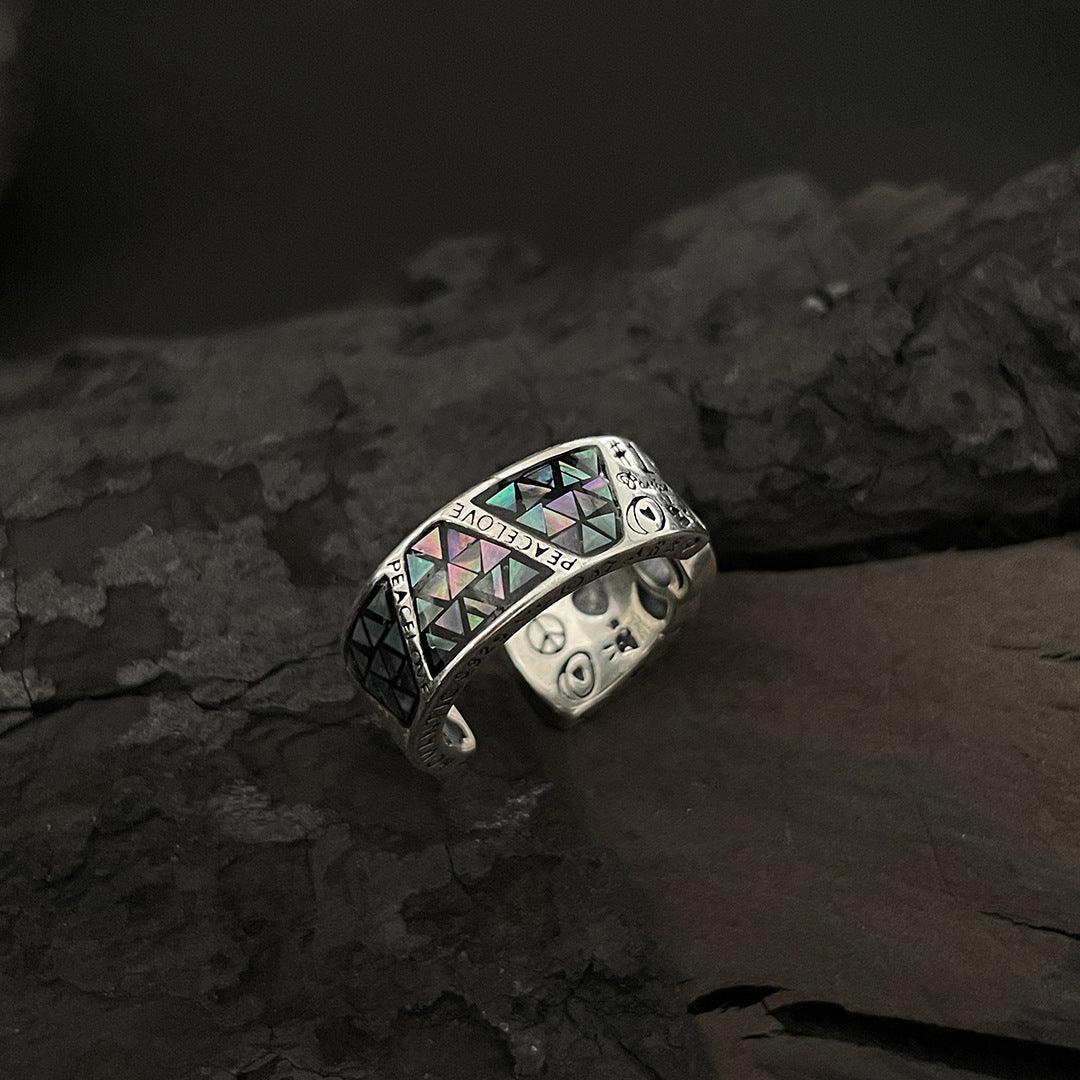 925 Sterling Silver Geometric Graffiti Couple's Ring with Colorful Shells