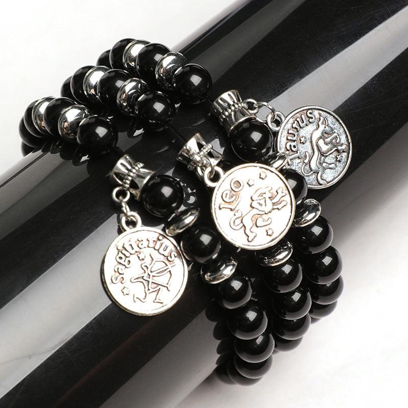 Natural Obsidian Twelve Zodiac Sign Pendant Bracelet