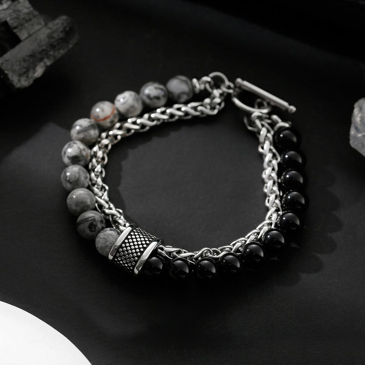 Bracelet en argent sterling 925 avec perles porte-bonheur et œil de tigre en obsidienne pour homme