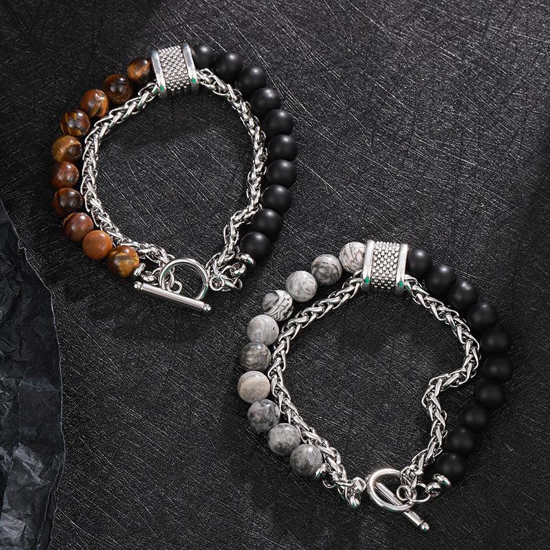 925 Sterling Silver Fortune Bead Obsidian Tiger Eye Bracelet for Men