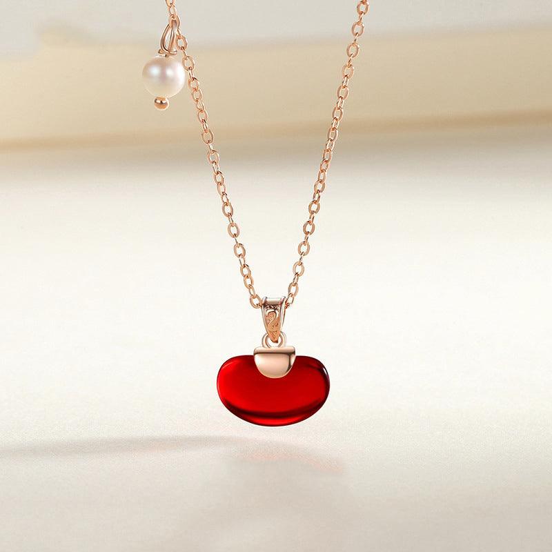 Lovesick Red Bean 925 Silver Red Agate and Pearl Necklace