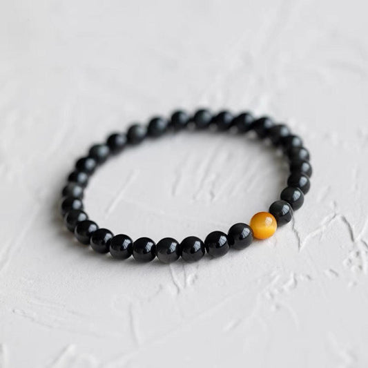 Natural Obsidian and Golden Tiger Eye Bracelet with Fortune Beads