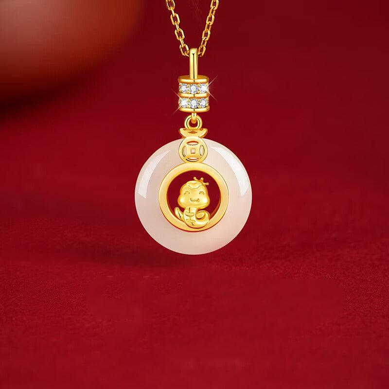 Cute Snake Hetian Jade Peace Coin Necklace