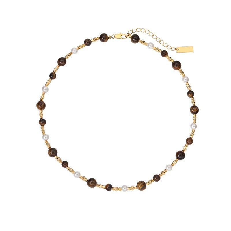 18K Gold Tiger Eye and Pearl Necklace and Bracelet