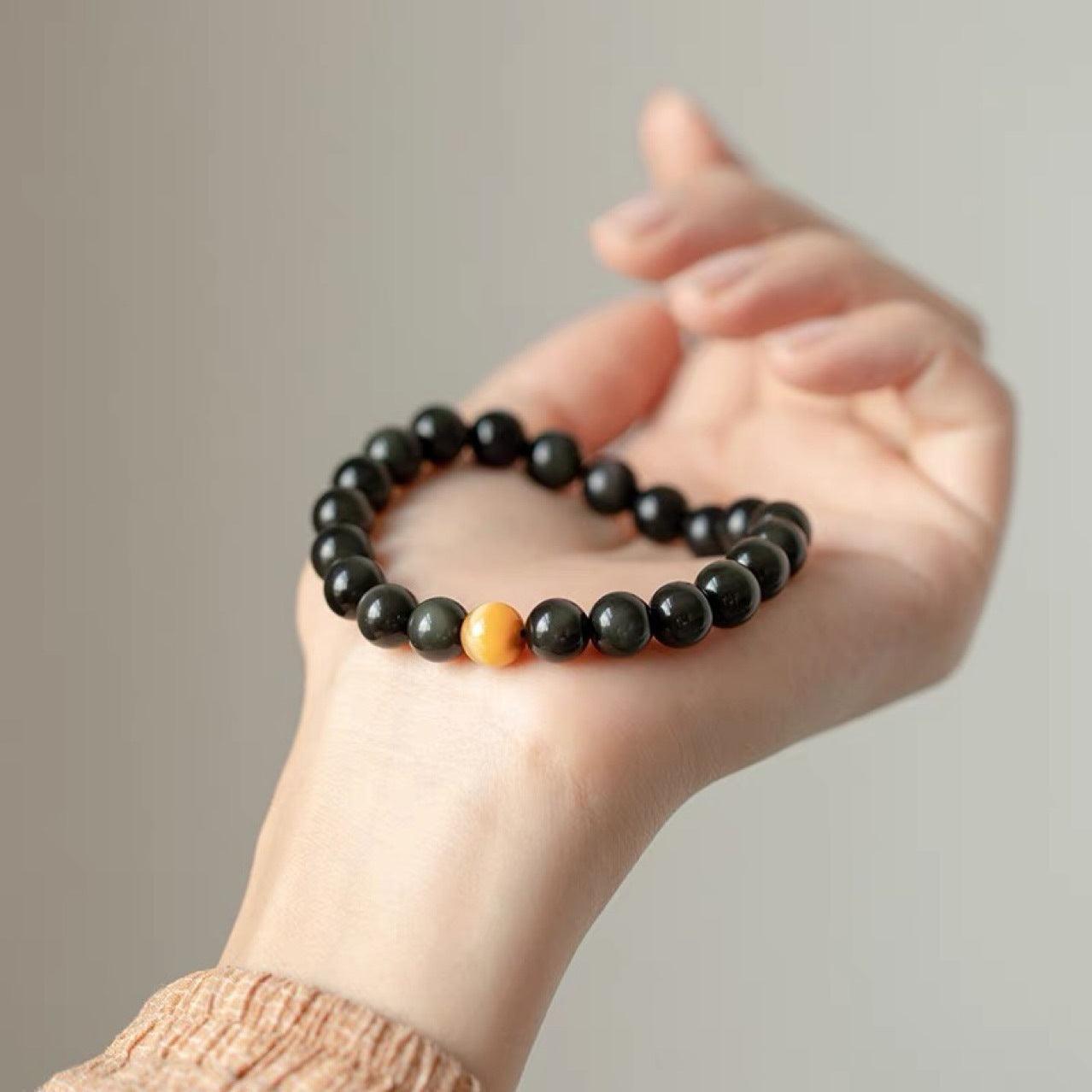 Natural Obsidian and Golden Tiger Eye Bracelet with Fortune Beads