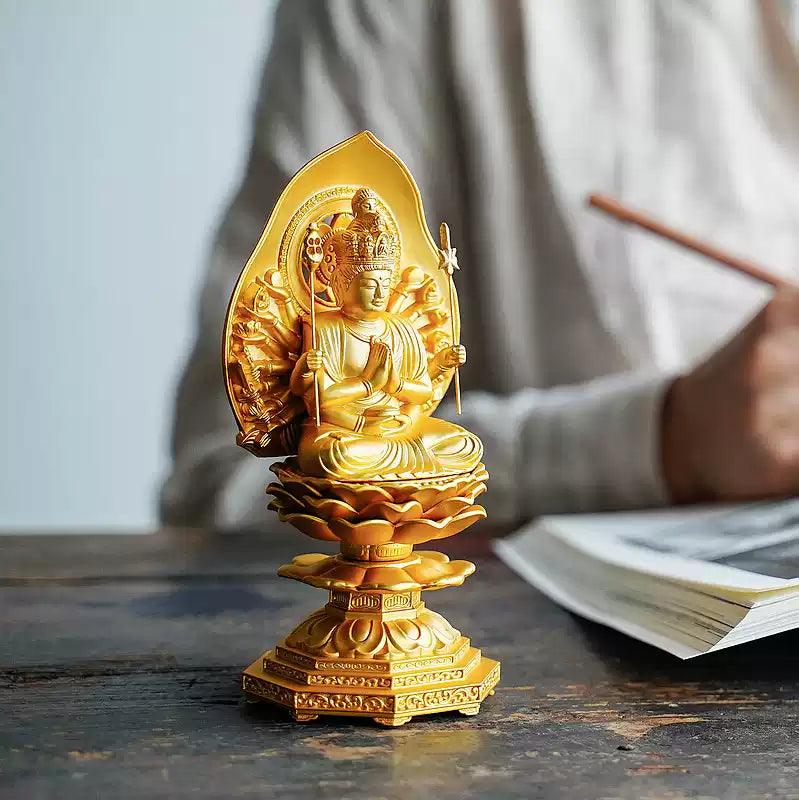 Statue de Bouddha Guanyin gardien de l'année du rat à mille mains, Avalokitesvara, importée du Japon, figurine de Bouddha plaquée or