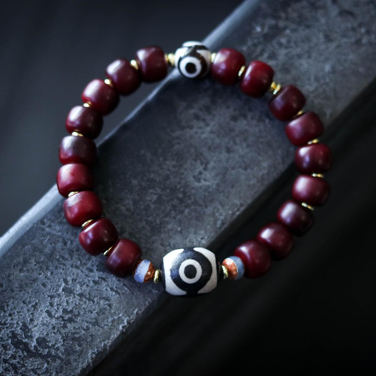 Tibetan-style Buddhist Cow Bone Dzi Bead and Bone Ring Wish Bracelet