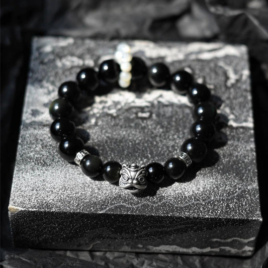 Lion Dance 925 Silver and Natural Obsidian Crystal Bracelet for Couples