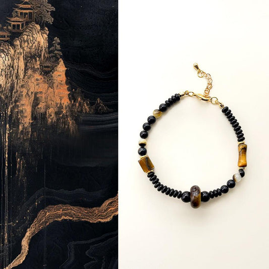 Handcrafted Obsidian Vintage Gold-Plated Bracelet