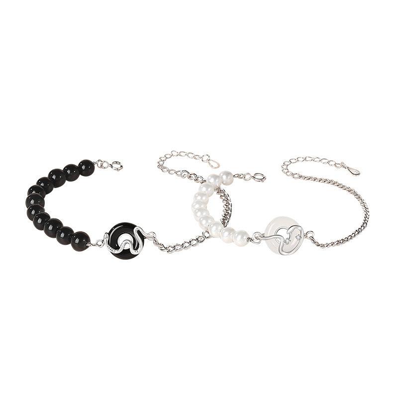 S925 Sterling Silver Snake Year Obsidian & Pearl Couple Bracelet