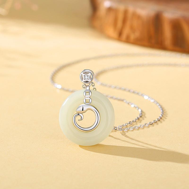 S925 Sterling Silver Hetian Jade Peace Coin Necklace