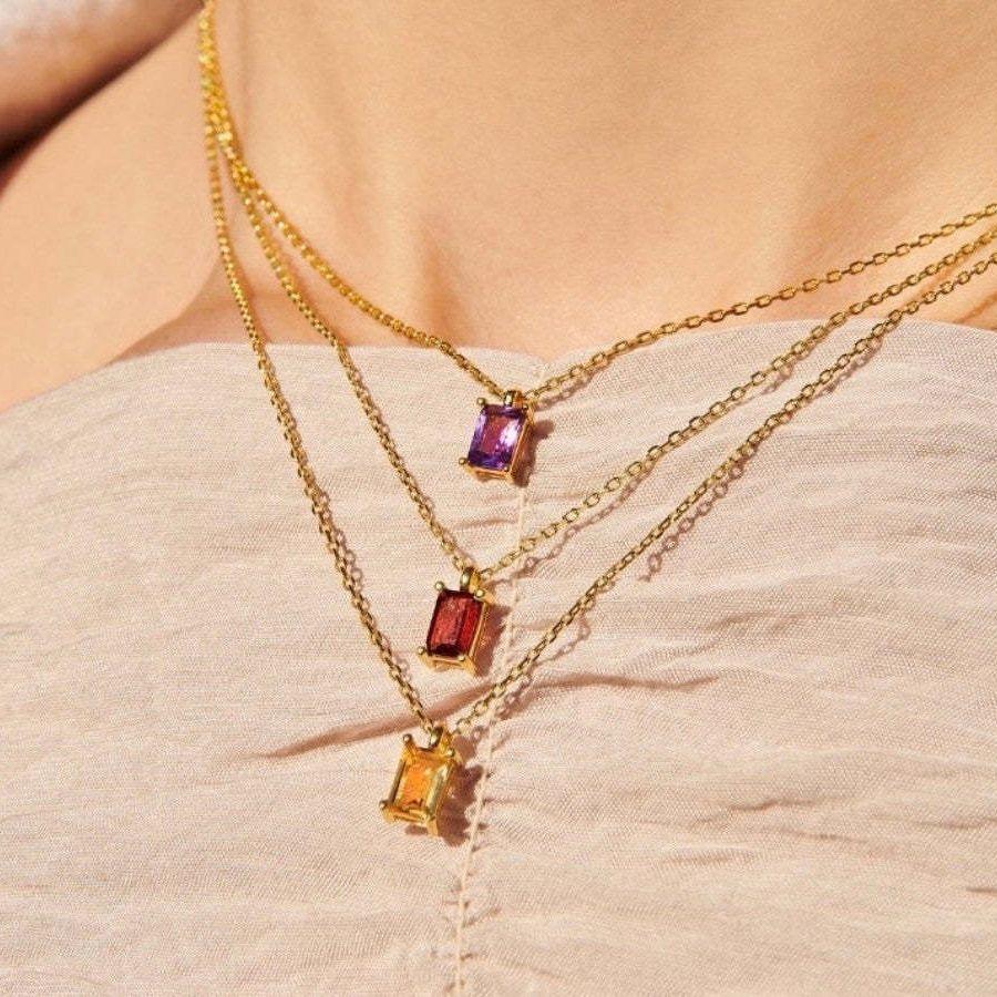 Twelve-Month Birthstone Rectangular Pendant Necklace 18k