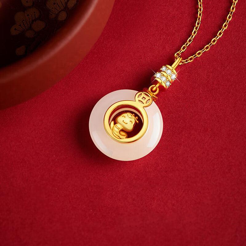 Cute Snake Hetian Jade Peace Coin Necklace