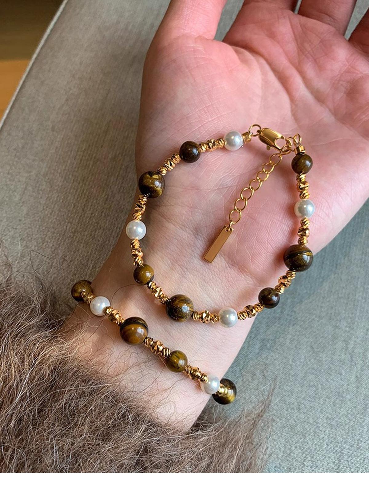 18K Gold Tiger Eye and Pearl Necklace and Bracelet