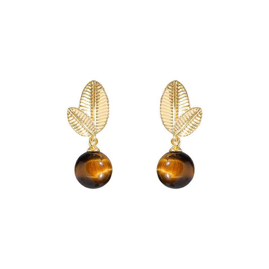 18K Gold Tiger Eye Leaf Earrings/Studs