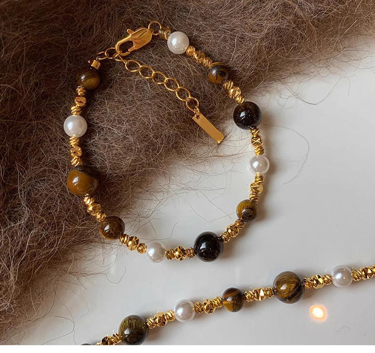 18K Gold Tiger Eye and Pearl Necklace and Bracelet