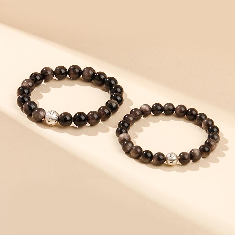 999 Silver Natural Bead Om Mani Padme Hum Obsidian Bracelet