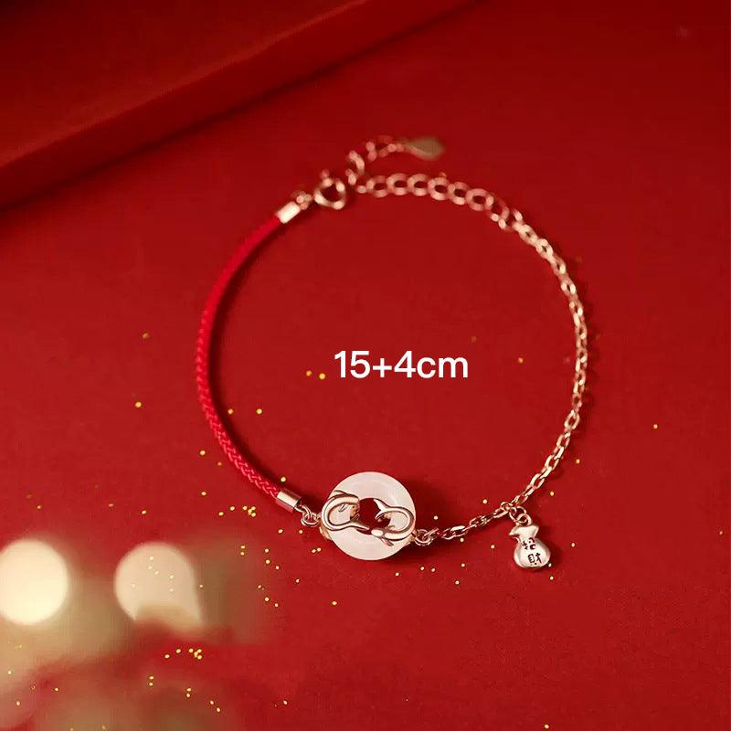 Koi Hetian Jade Peace Buckle Bracelet with Pure Silver Red String and Fortune Beads