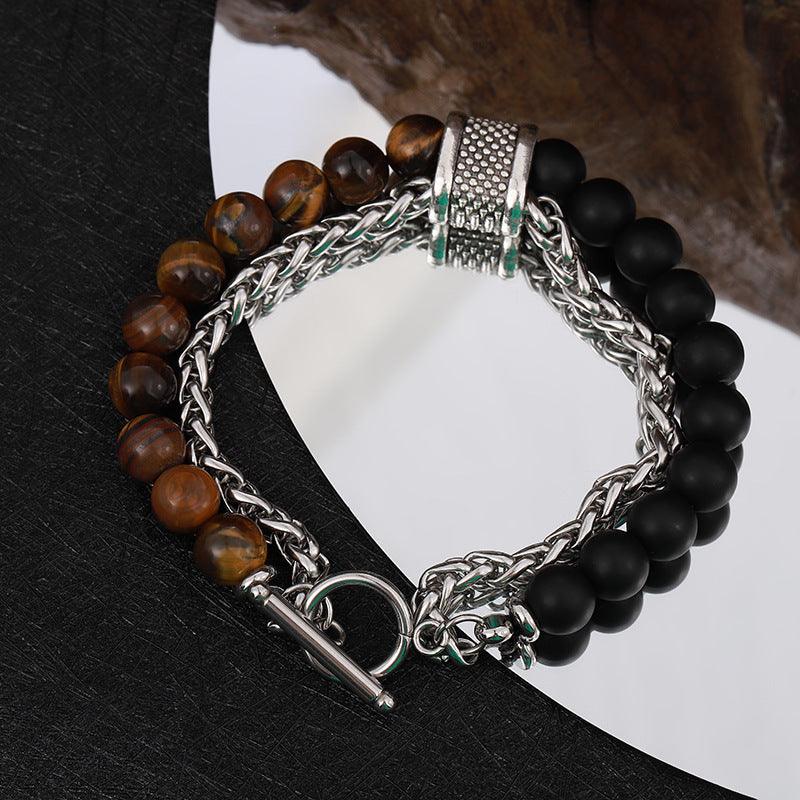 925 Sterling Silver Fortune Bead Obsidian Tiger Eye Bracelet for Men