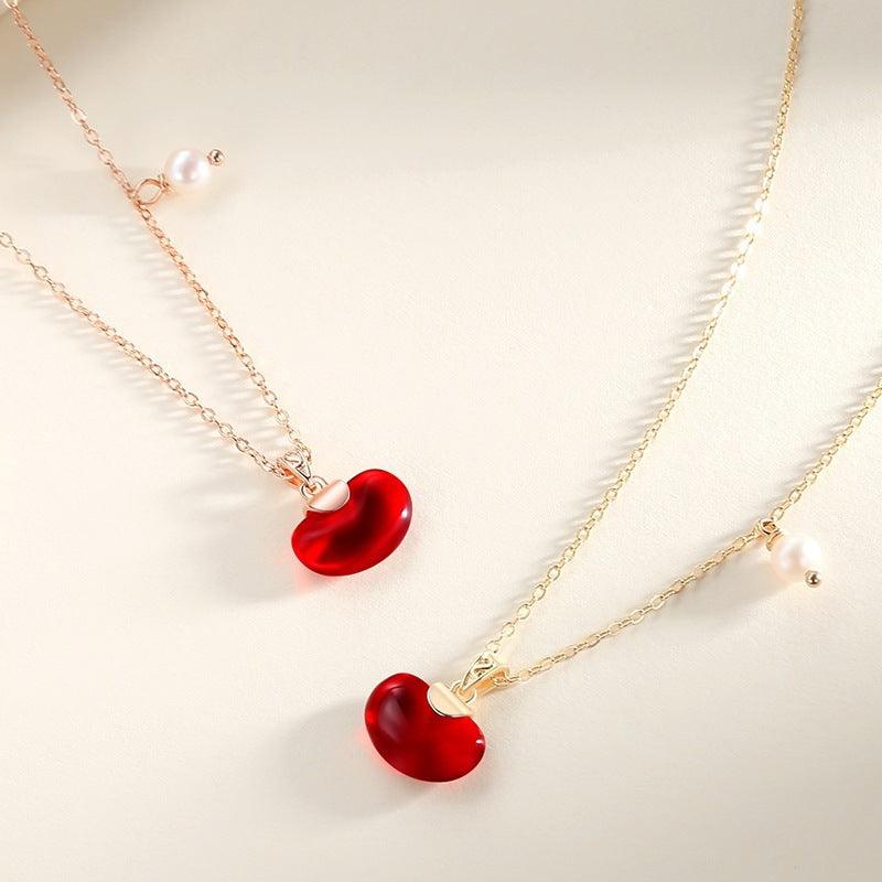 Lovesick Red Bean 925 Silver Red Agate and Pearl Necklace