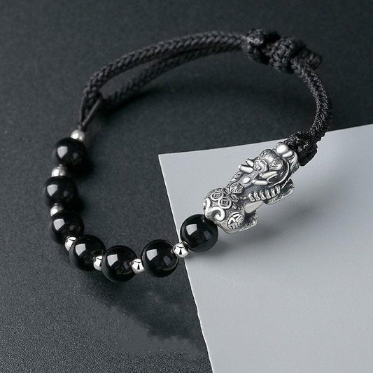 Bracelet en obsidienne Pixiu plaqué argent 925