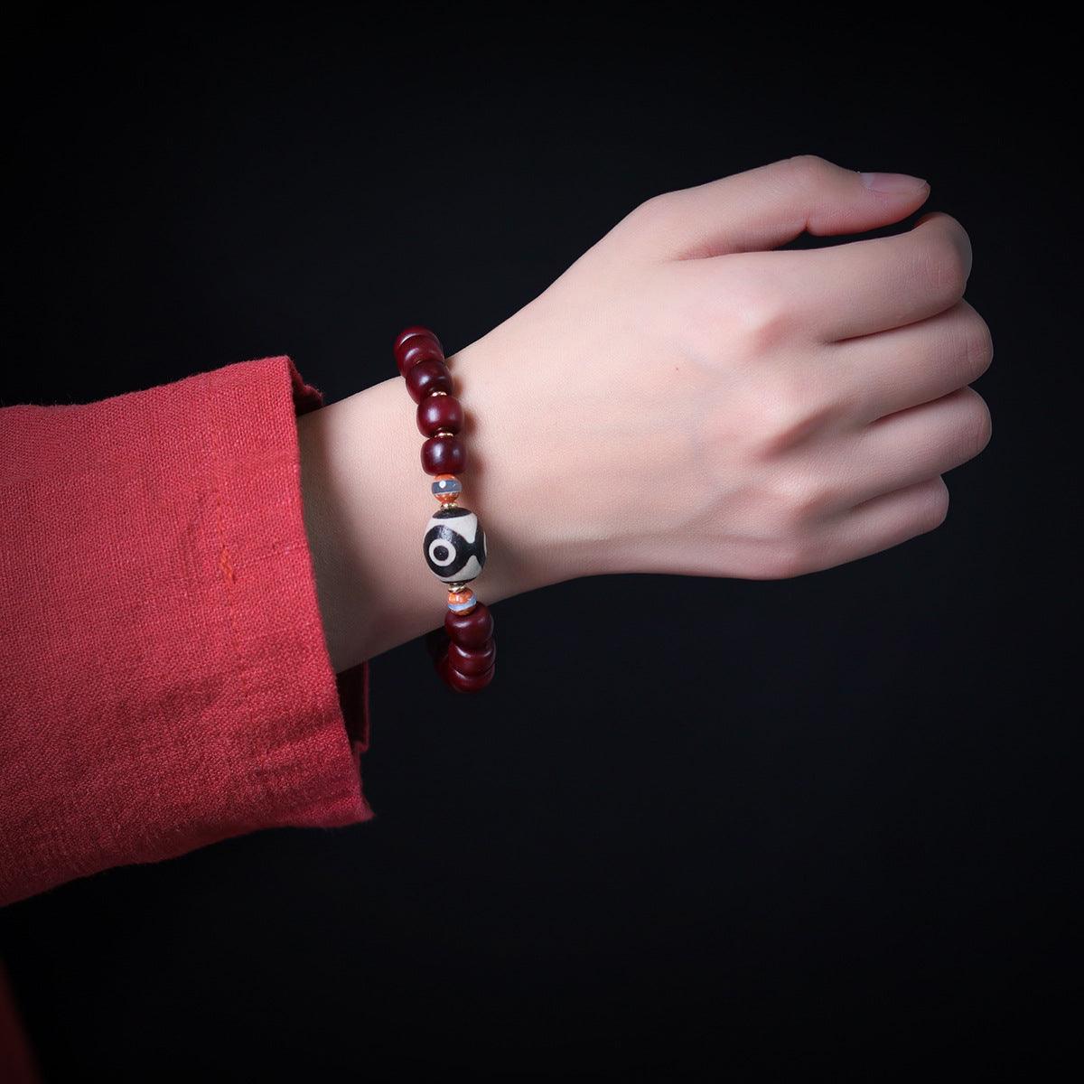 Tibetan-style Buddhist Cow Bone Dzi Bead and Bone Ring Wish Bracelet