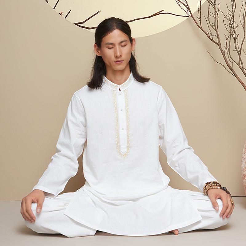 Vêtements de méditation et de yoga de style indien pour hommes 100 % coton en gris/blanc